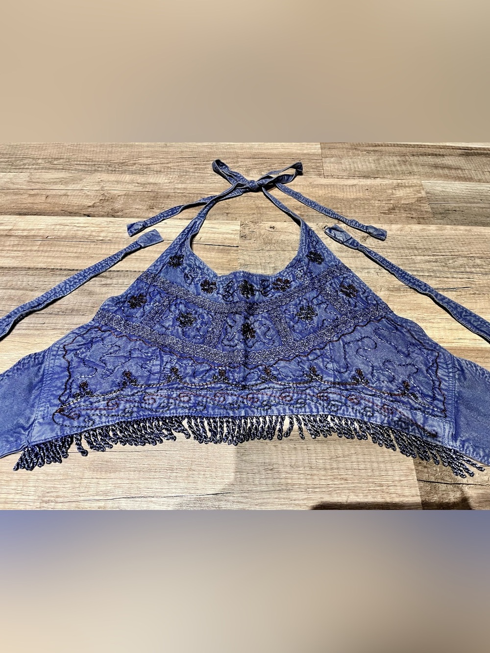 Purple Embroidered Halter Crop Top with Fringe